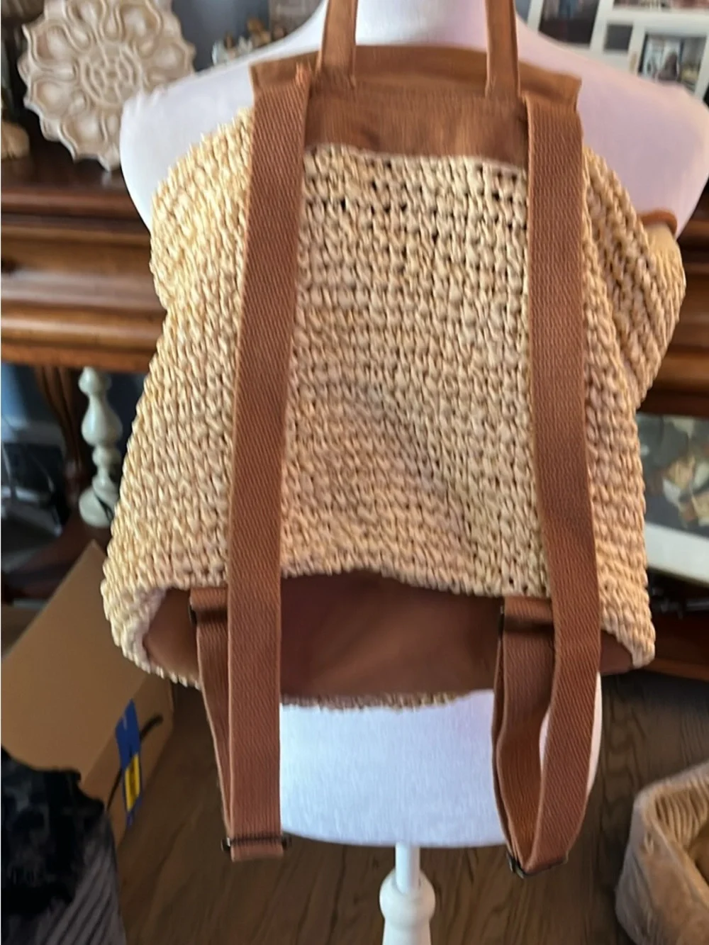 Natural Straw Backpack with Tan Suede Flap